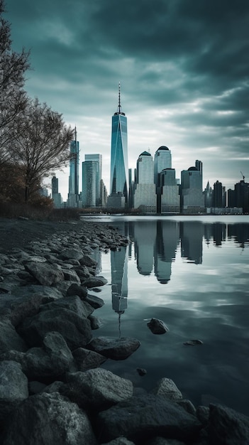 El horizonte de una ciudad con un cielo nublado y un edificio al fondo