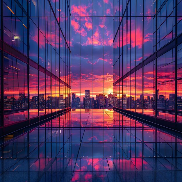 un horizonte de la ciudad con un cielo púrpura y un paisaje urbano en el fondo