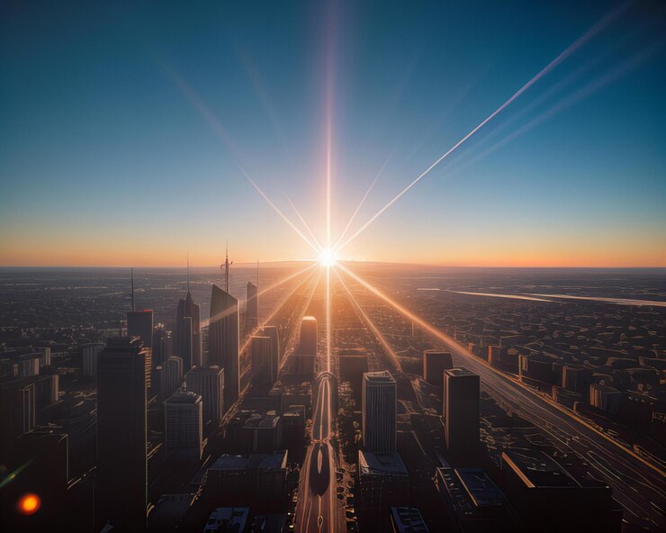 un horizonte de la ciudad con una ciudad en el fondo y el sol brillando a través de las ventanas