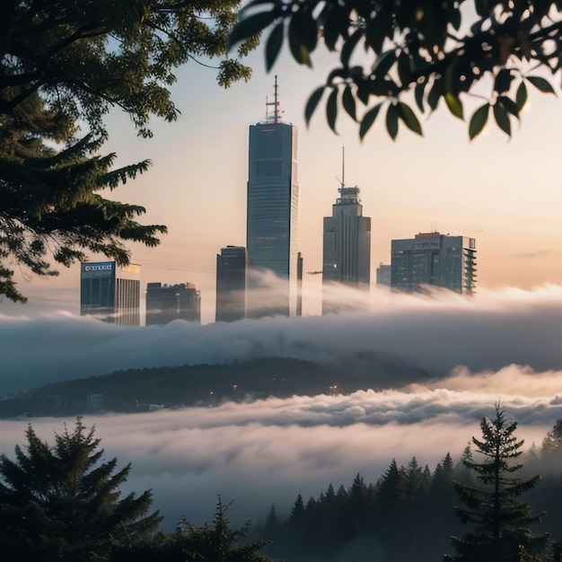 un horizonte de la ciudad con una ciudad de niebla en el fondo