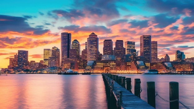 El horizonte de una ciudad con un colorido atardecer de fondo.