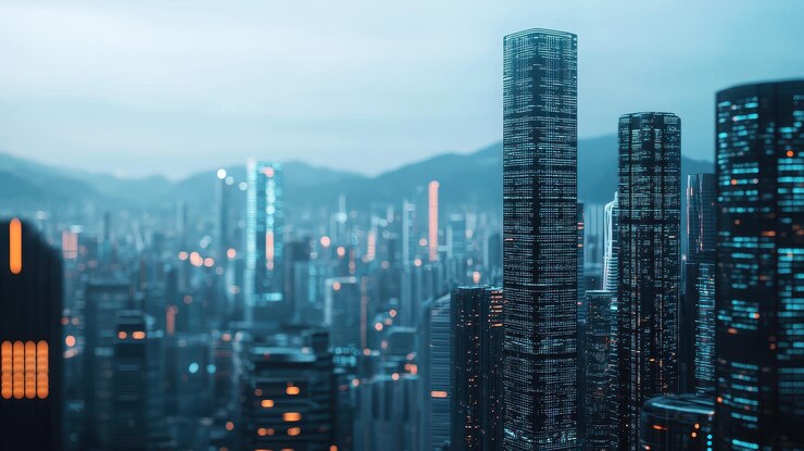 El horizonte de la ciudad futurista con altos rascacielos y luces brillantes que muestran arquitectura y tecnología avanzadas en un paisaje urbano vibrante
