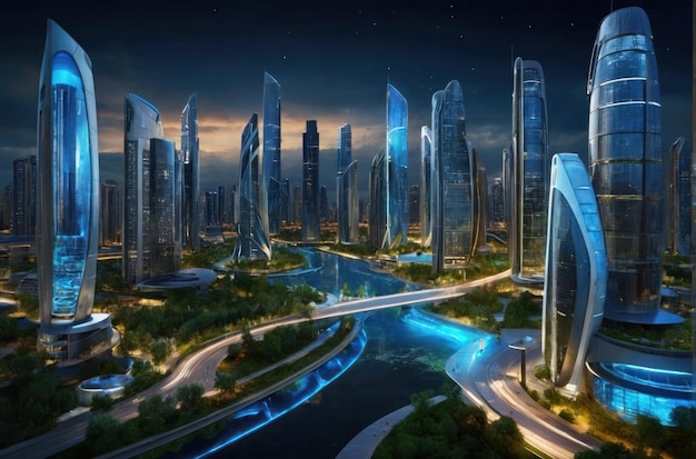 El horizonte de la ciudad futurista con edificios brillantes