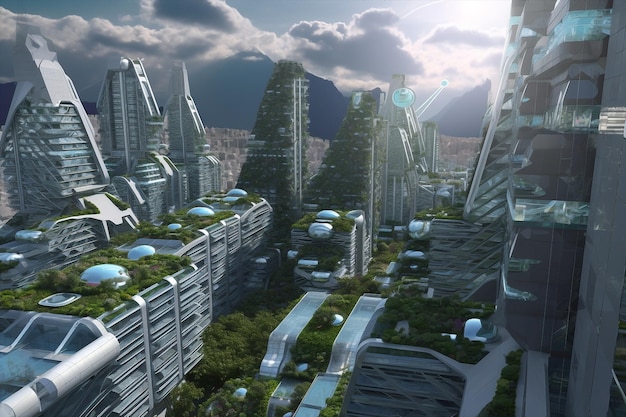 Horizonte de ciudad futurista generativo ai centrado en la sostenibilidad