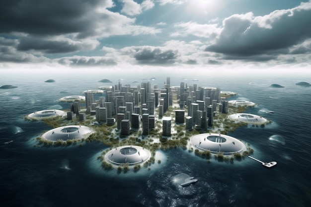 Horizonte de ciudad futurista generativo ai con rascacielos junto a un río