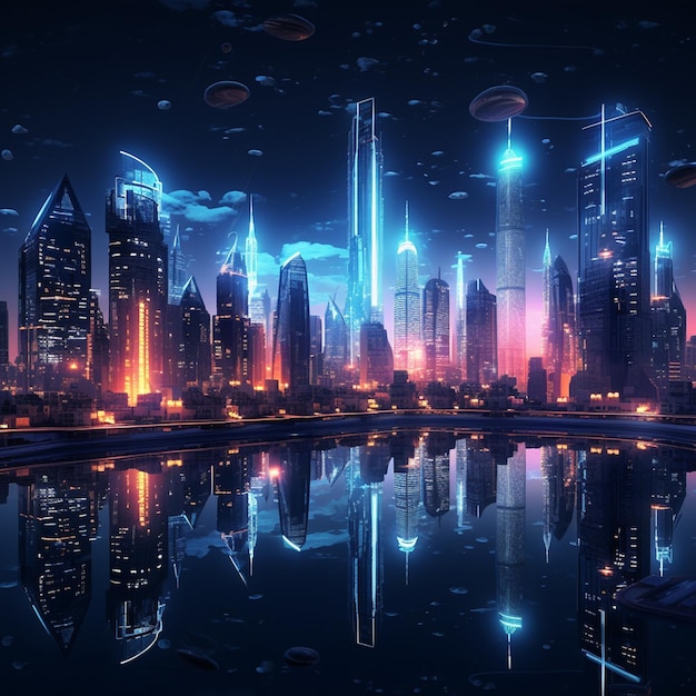 El horizonte de la ciudad futurista iluminado por luces nocturnas