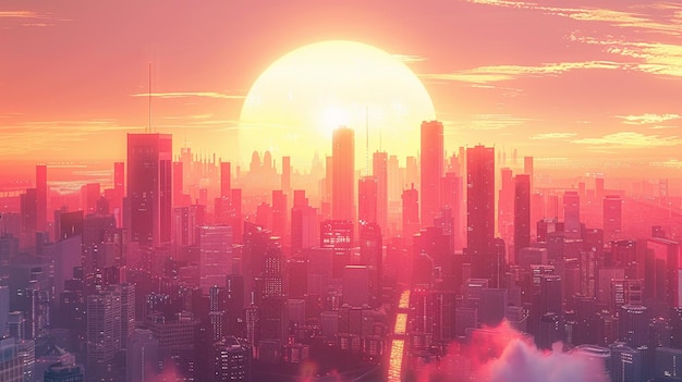 El horizonte de la ciudad futurista Ilustración de la escena urbana del atardecer