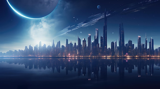 Horizonte de la ciudad futurista con salida de la luna