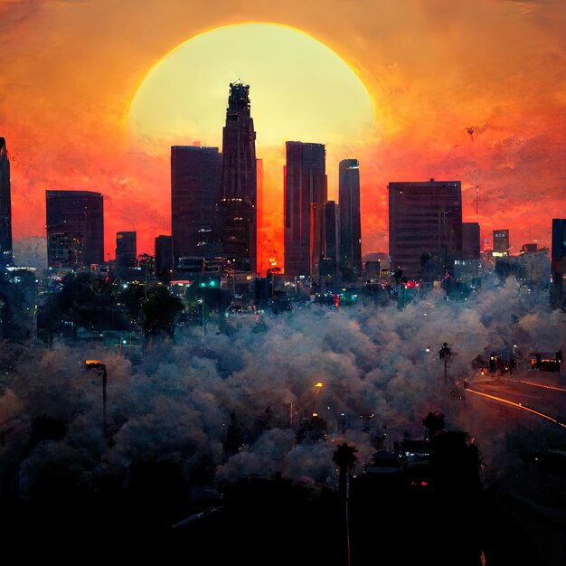 Foto un horizonte de la ciudad con una gran luna que se levanta en el fondo