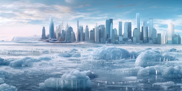 Horizonte de la ciudad hecho de hielo en el lago congelado arruinado fondo hermoso generativo AI AIG32