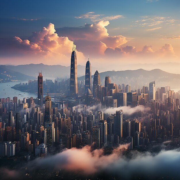 El horizonte de la ciudad de Hong Kong en la niebla