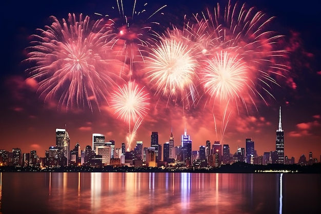 horizonte de la ciudad iluminado por fuegos artificiales en honor del Día de la Independencia