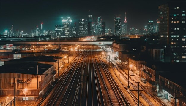 Horizonte de la ciudad iluminado con movimiento borroso y autopistas de múltiples carriles generadas por IA