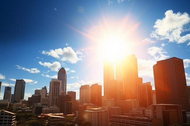 Foto el horizonte de la ciudad iluminado por el sol contra un cielo despejado