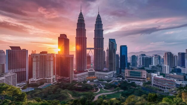 Foto el horizonte de la ciudad de kuala lumpur al atardecer