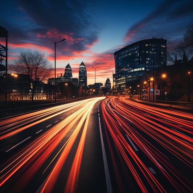 Un horizonte de la ciudad con luces en una autopista