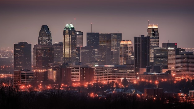 Un horizonte de la ciudad con las luces encendidas.