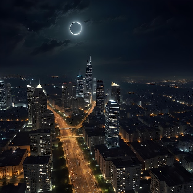 un horizonte de la ciudad con una luna y una ciudad en el fondo