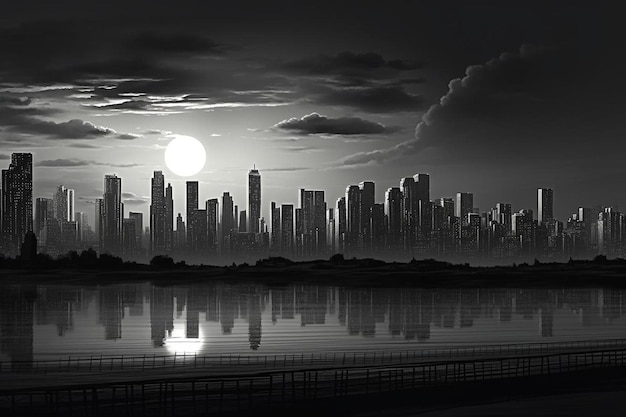 un horizonte de la ciudad con una luna llena en el fondo.