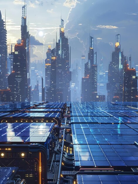 un horizonte de la ciudad con una luz azul en la parte superior