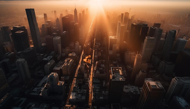 Horizonte de la ciudad moderna iluminada por la puesta de sol llena de tráfico generado por inteligencia artificial