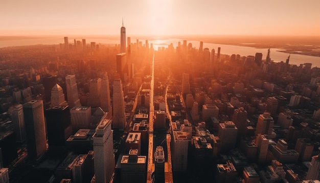 El horizonte de la ciudad moderna iluminado por la puesta de sol visto desde lo alto generado por IA