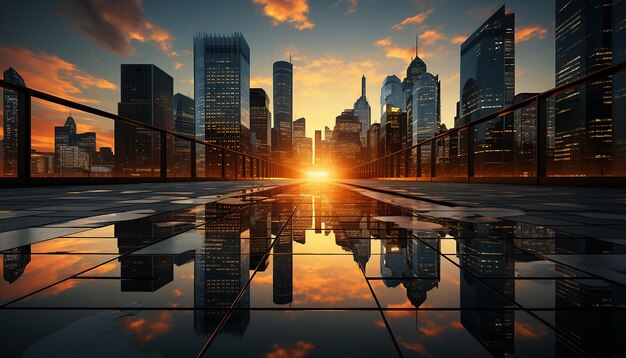 Foto el horizonte de la ciudad moderna se refleja en el agua al anochecer generado por la ia