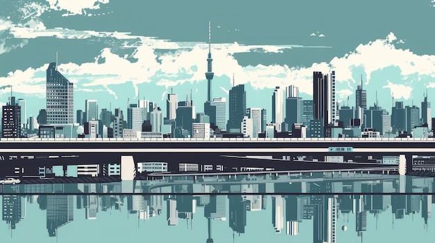 Horizonte de la ciudad moderna y reflexión en el vector del agua