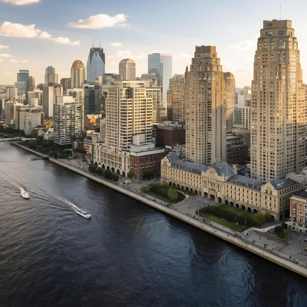 Foto el horizonte de la ciudad de montreal sobre el río en el día con edificios urbanos