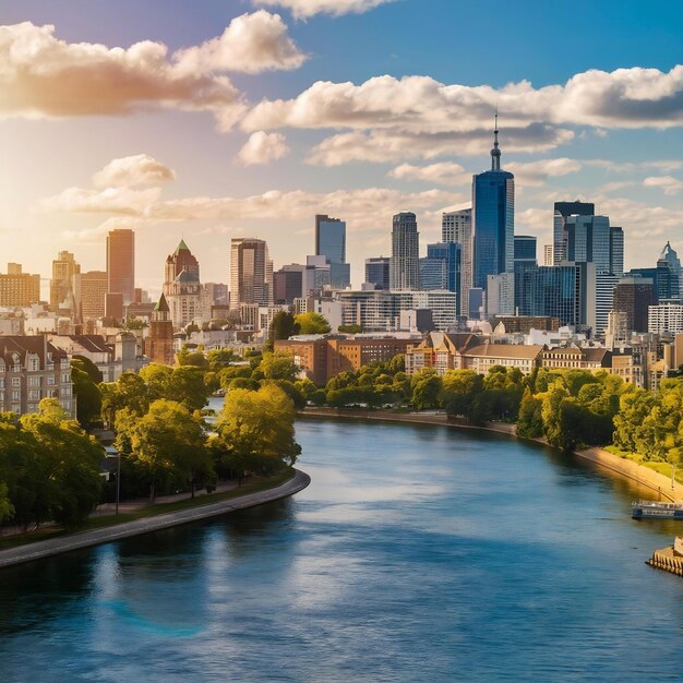 Foto el horizonte de la ciudad de montreal sobre el río en el día con edificios urbanos