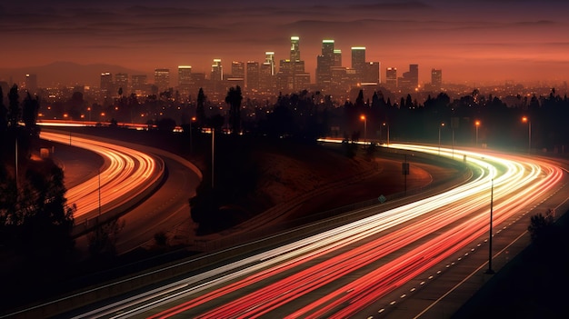 El horizonte de una ciudad por la noche con una exposición prolongada de la imagen de ai generativa del tráfico