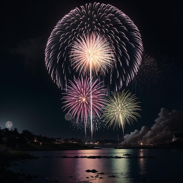 Horizonte de la ciudad por la noche con fuegos artificiales en el cielo IA generativa