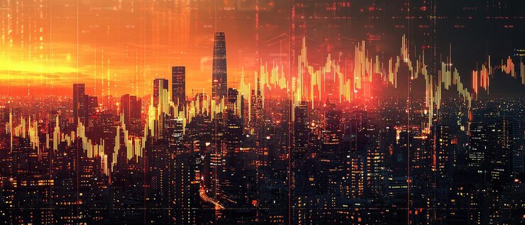 Un horizonte de la ciudad por la noche con un gráfico de acciones en el fondo