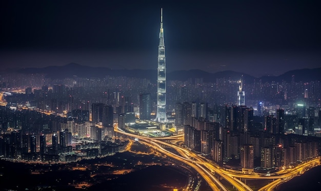 horizonte de la ciudad por la noche con un hermoso edificio de torre