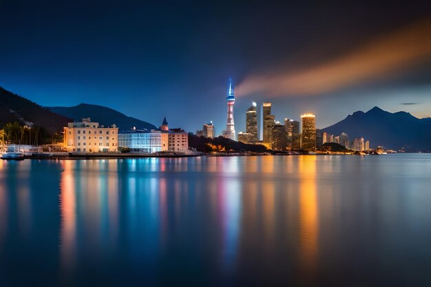 un horizonte de la ciudad por la noche con el horizonte de La ciudad en el fondo.