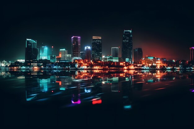 El horizonte de la ciudad por la noche con luces de colores y reflejos en el agua Business District Background Generative Ai