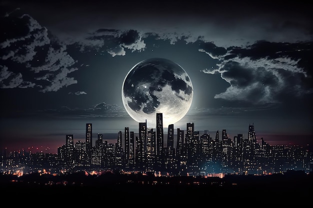 El horizonte de la ciudad por la noche con la luna llena asomándose por detrás de las nubes