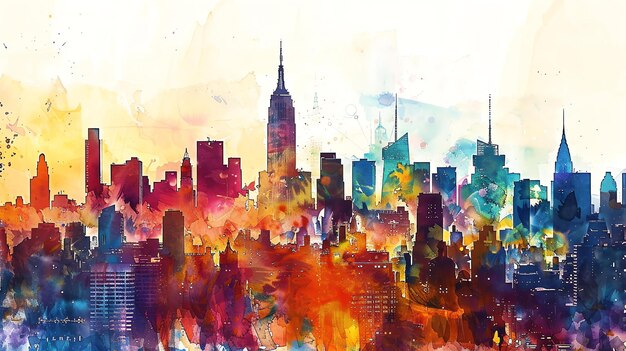 Foto el horizonte de la ciudad de nueva york en acuarela pintura de acuarela colorida del horizonte de las ciudades de nueva york