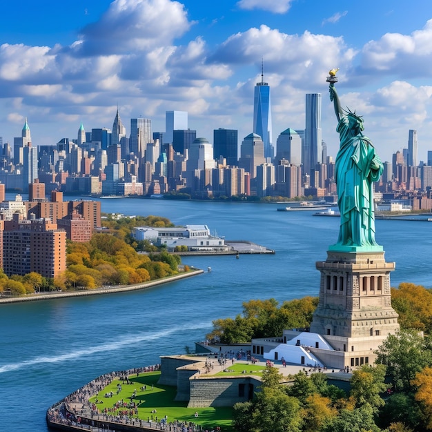 Foto el horizonte de la ciudad de nueva york y la estatua de la libertad