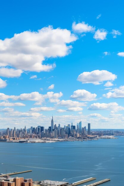 Foto el horizonte de la ciudad de nueva york desde el oeste con el río hudson en primer plano