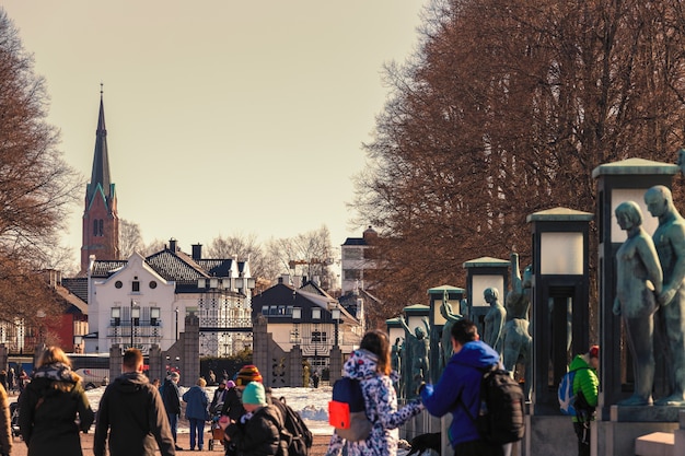 Foto horizonte de la ciudad de oslo desde el parque vigeland en la temporada de invierno noruega