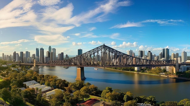 un horizonte de la ciudad con un puente y una ciudad en el fondo