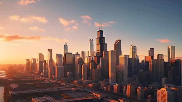 Un horizonte de la ciudad con la puesta de sol detrás de él.