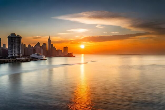 Foto un horizonte de la ciudad con una puesta de sol en el fondo