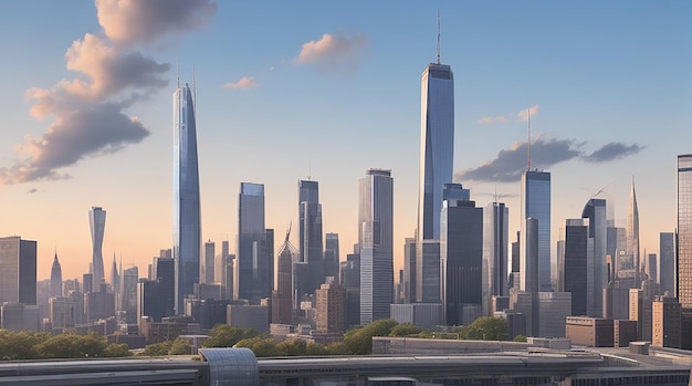 El horizonte de una ciudad con un rascacielos al fondo