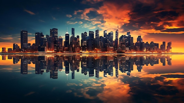 Un horizonte de la ciudad con un reflejo de la ciudad en el agua