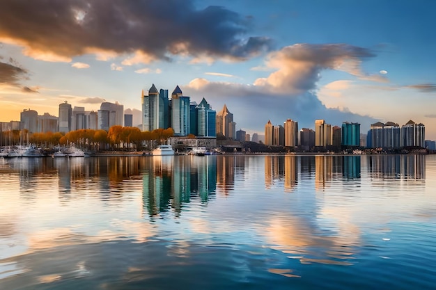 El horizonte de una ciudad con un reflejo de una ciudad en el agua.