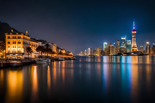 El horizonte de una ciudad con un reflejo de una ciudad en el agua.