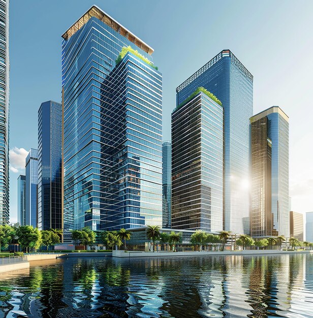 un horizonte de la ciudad con un reflejo de un edificio en el agua