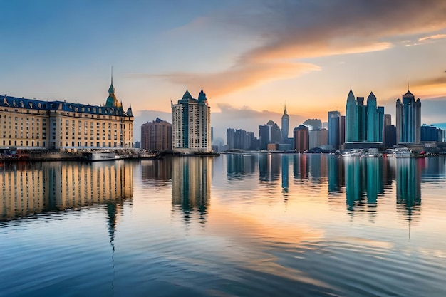 un horizonte de la ciudad con un reflejo de un edificio en el agua.